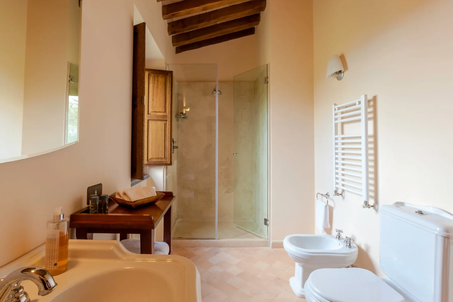 Bisenzio_Historic_Tower_Ensuite_Bathroom_Glass_Shower.webp | Only on SopranoVillas