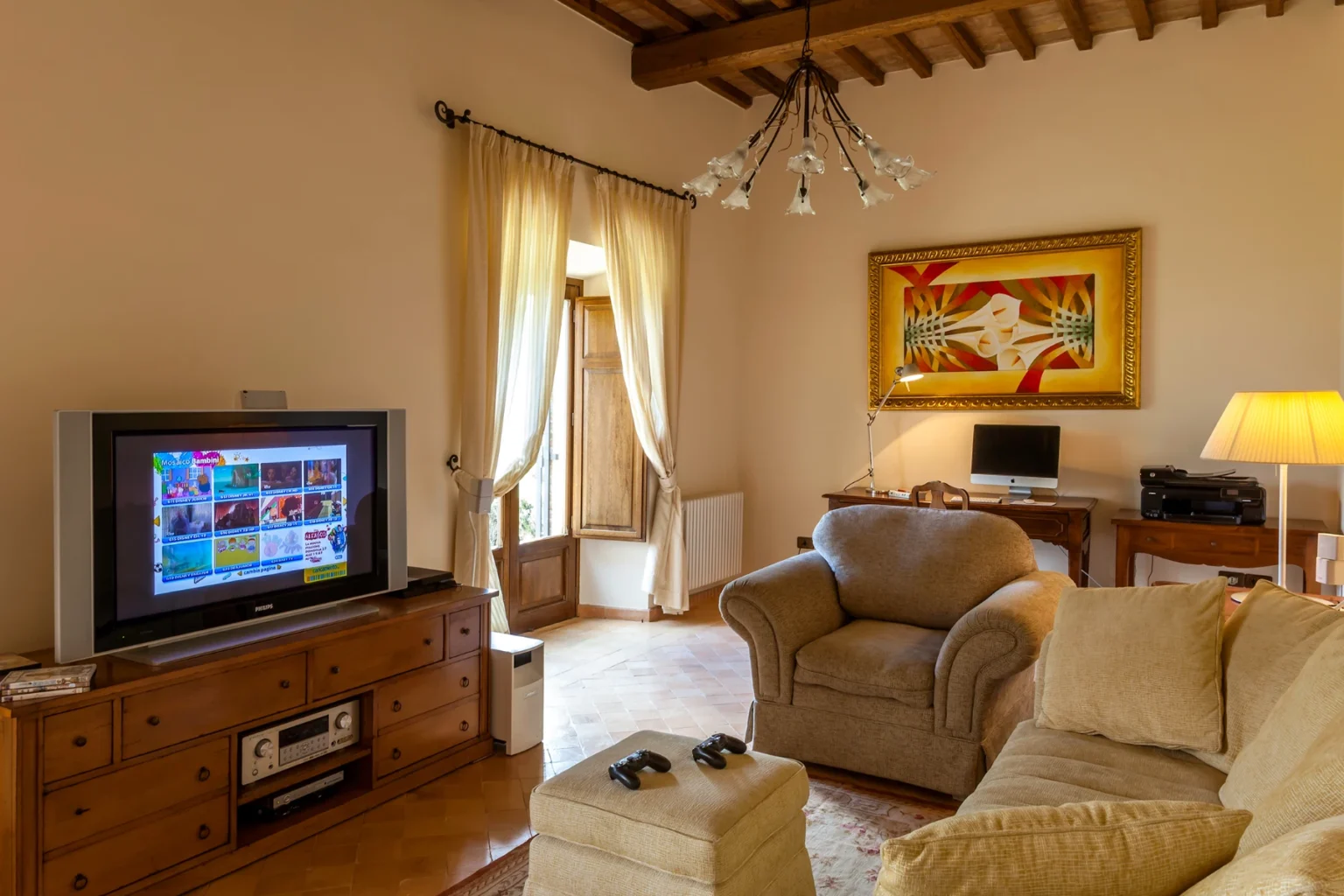 Bisenzio_Historic_Tower_Living_Room_TV_Entertainment_Area.webp | Only on SopranoVillas